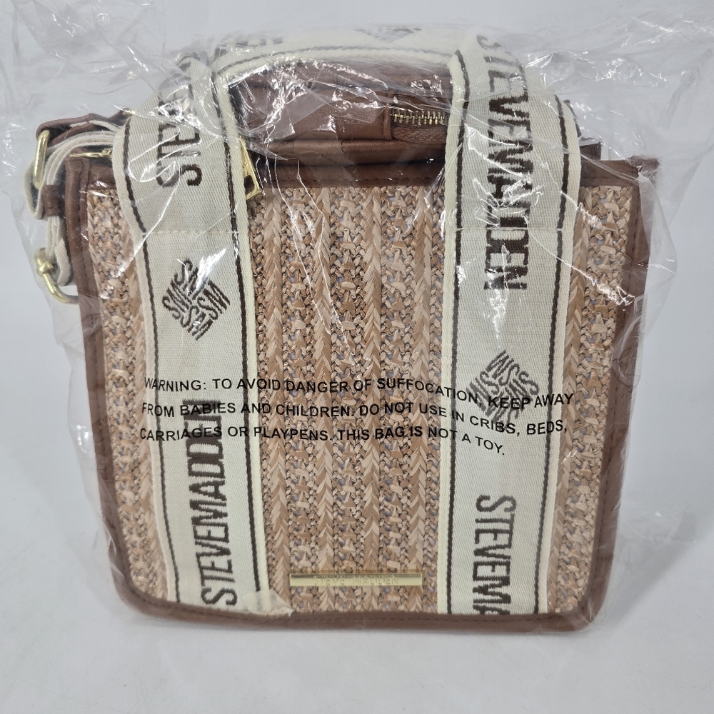 Steve Madden BWEBBER Brown Tan Straw Boxy Medium Bag NEW